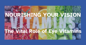 Text stating "Nourishing Your Vision The Vital Role of Eye Vitamins" with a background of different colored fruits and vegetables arranged in order of the rainbow